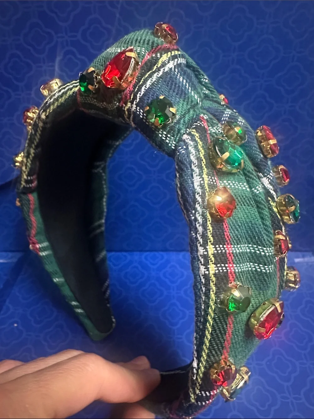 Tartan Jewel Embellished Headband - Green Plaid